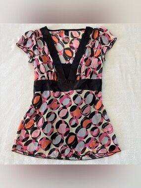Y2K Wrapper Small Pink Orange Cream Geometric Sheer Baby Doll Top Tie Back
